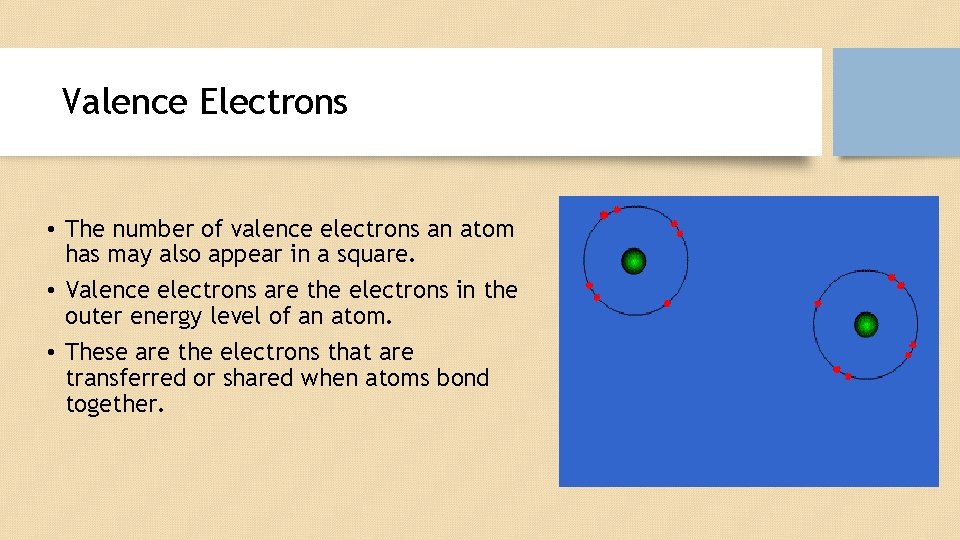 Valence Electrons • The number of valence electrons an atom has may also appear