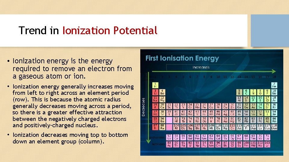 Trend in Ionization Potential • Ionization energy is the energy required to remove an