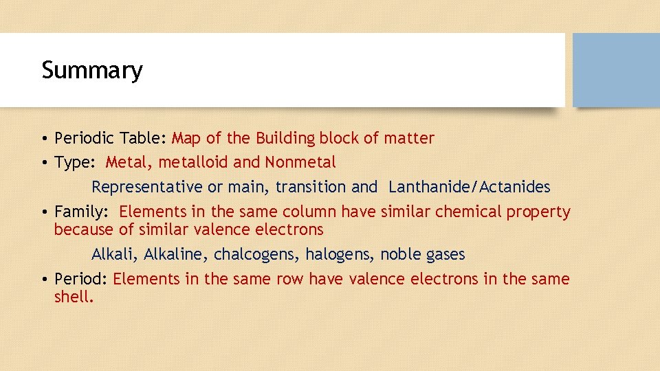 Summary • Periodic Table: Map of the Building block of matter • Type: Metal,