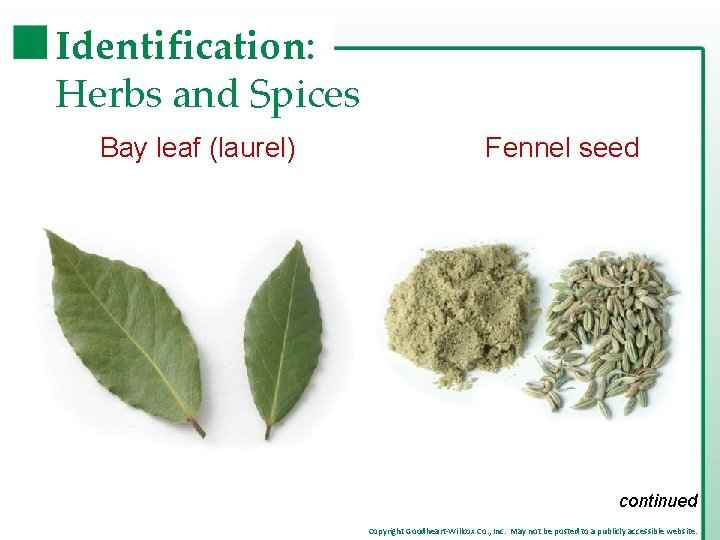 Identification: Herbs and Spices Bay leaf (laurel) Fennel seed continued Copyright Goodheart-Willcox Co. ,