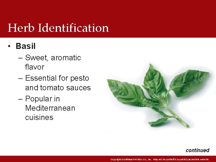 Herb Identification • Basil – Sweet, aromatic flavor – Essential for pesto and tomato