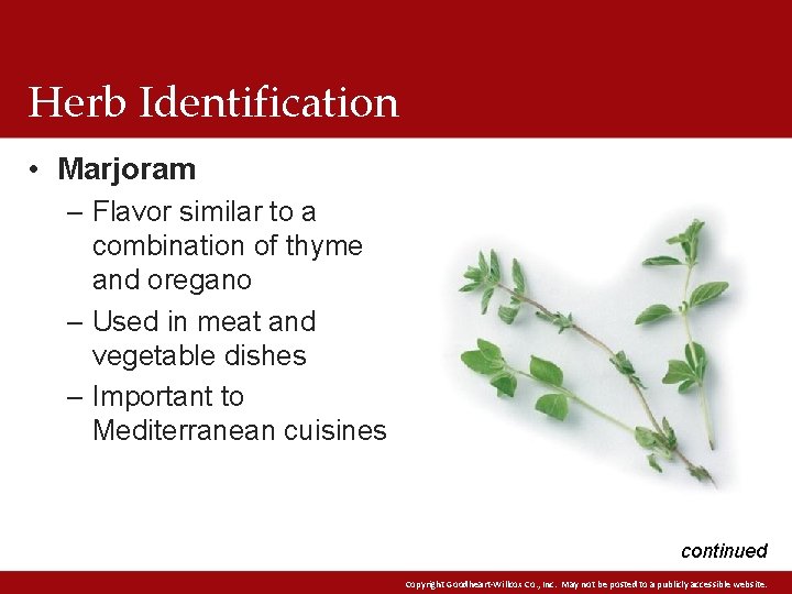Herb Identification • Marjoram – Flavor similar to a combination of thyme and oregano Herb Identification • Marjoram – Flavor similar to a combination of thyme and oregano