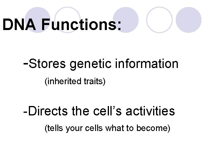 DNA Functions: -Stores genetic information (inherited traits) -Directs the cell’s activities (tells your cells