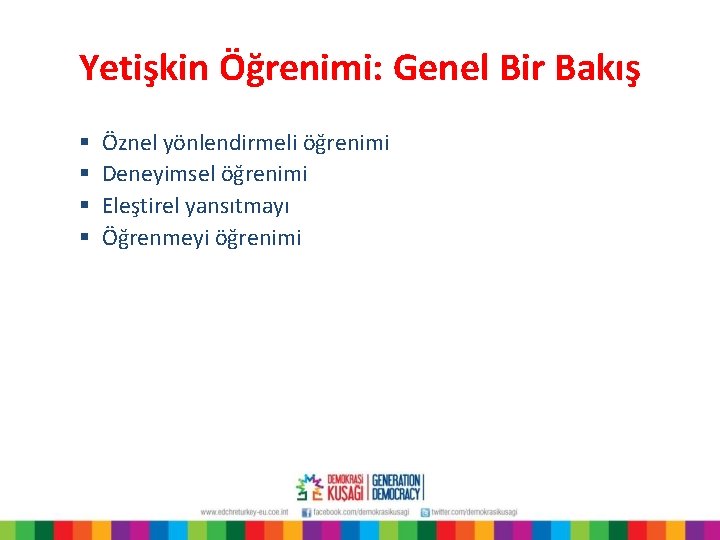 Yetişkin Öğrenimi: Genel Bir Bakış § § Öznel yönlendirmeli öğrenimi Deneyimsel öğrenimi Eleştirel yansıtmayı