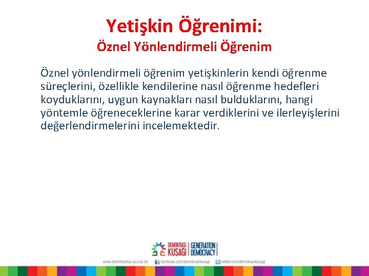 Yetişkin Öğrenimi: Öznel Yönlendirmeli Öğrenim Öznel yönlendirmeli öğrenim yetişkinlerin kendi öğrenme süreçlerini, özellikle kendilerine