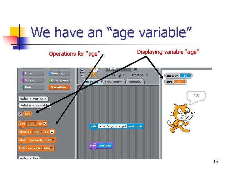 We have an “age variable” Operations for “age” Displaying variable “age” 15 