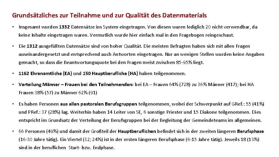 Grundsätzliches zur Teilnahme und zur Qualität des Datenmaterials • Insgesamt wurden 1332 Datensätze ins