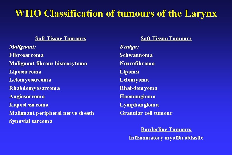 WHO Classification of tumours of the Larynx Soft Tissue Tumours Malignant: Fibrosarcoma Malignant fibrous