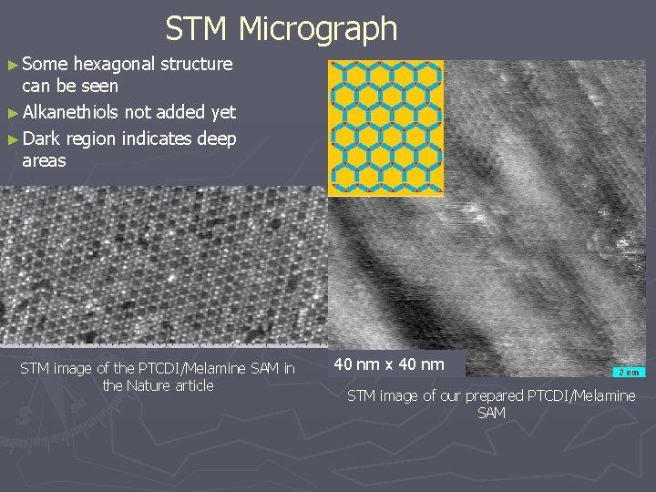 STM Micrograph ► Some hexagonal structure can be seen ► Alkanethiols not added yet