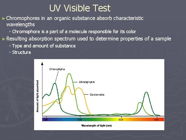 UV Visible Test ► Chromophores wavelengths in an organic substance absorb characteristic § Chromophore