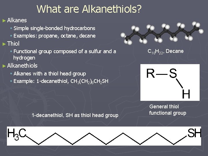 What are Alkanethiols? ► Alkanes § Simple single-bonded hydrocarbons § Examples: propane, octane, decane