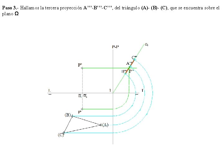 Paso 3. - Hallamos la tercera proyección A’’’-B’’’-C’’’, del triángulo (A)- (B)- (C), que