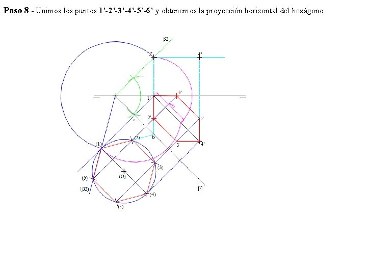 Paso 8. - Unimos los puntos 1’-2’-3’-4’-5’-6’ y obtenemos la proyección horizontal del hexágono.