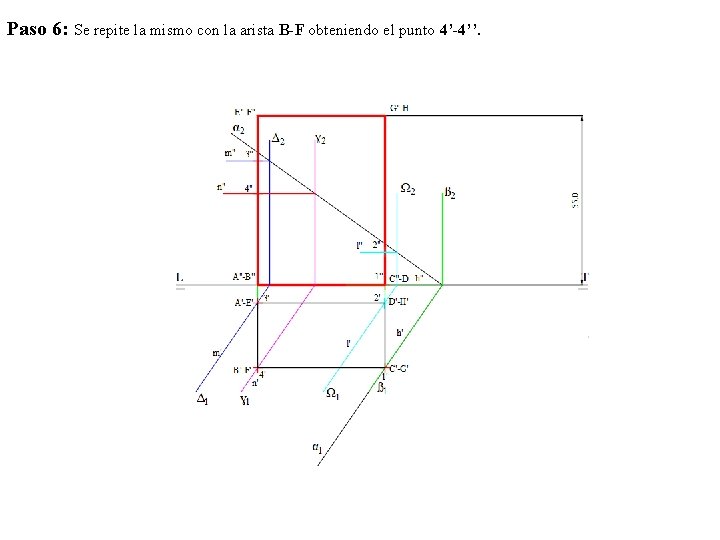Paso 6: Se repite la mismo con la arista B-F obteniendo el punto 4’-4’’.
