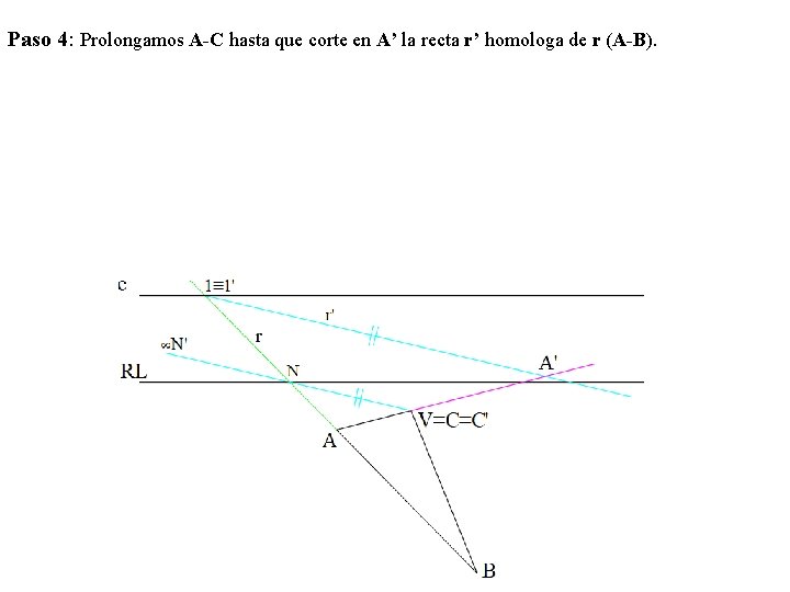 Paso 4: Prolongamos A-C hasta que corte en A’ la recta r’ homologa de