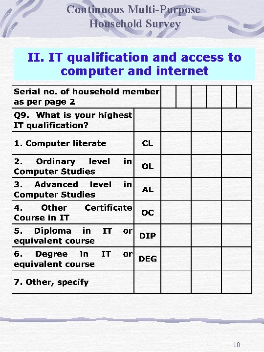 Continuous Multi-Purpose Household Survey II. IT qualification and access to computer and internet 10