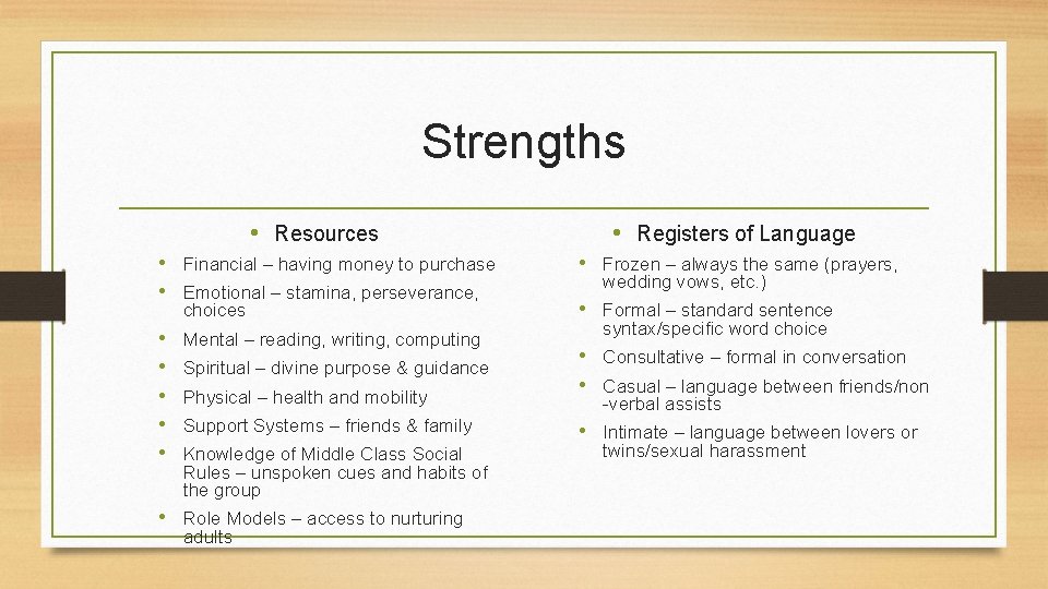 Strengths • Resources • Financial – having money to purchase • Emotional – stamina,