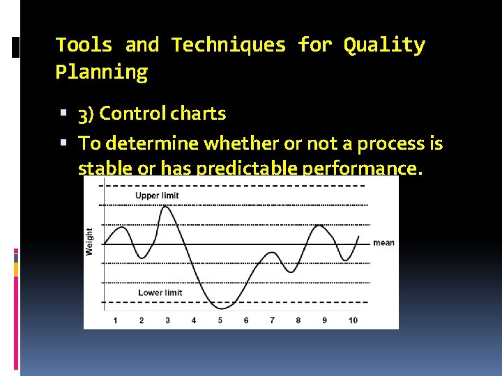 Tools and Techniques for Quality Planning 3) Control charts To determine whether or not