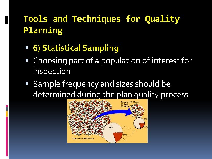 Tools and Techniques for Quality Planning 6) Statistical Sampling Choosing part of a population