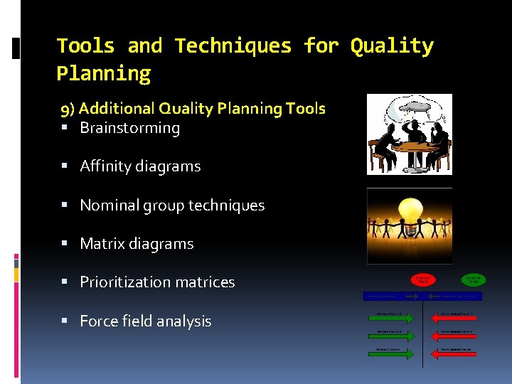 Tools and Techniques for Quality Planning 9) Additional Quality Planning Tools Brainstorming Affinity diagrams