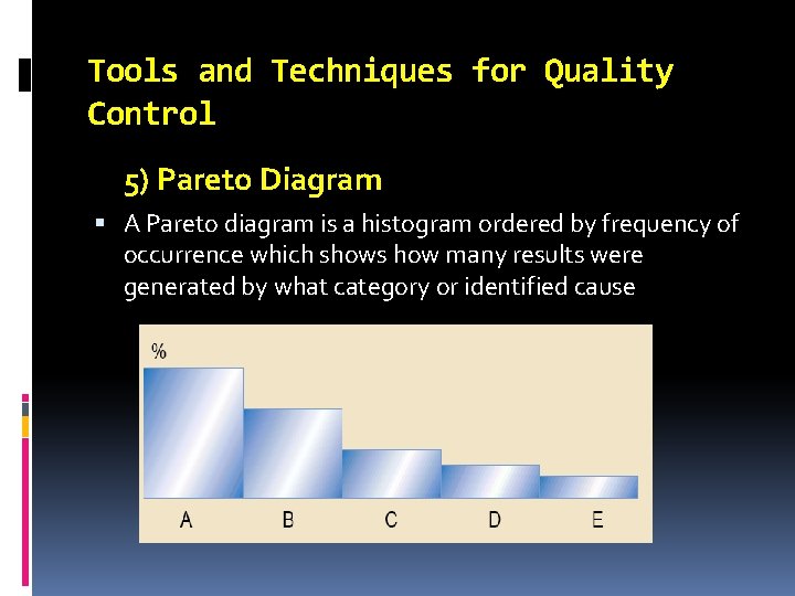Tools and Techniques for Quality Control 5) Pareto Diagram A Pareto diagram is a