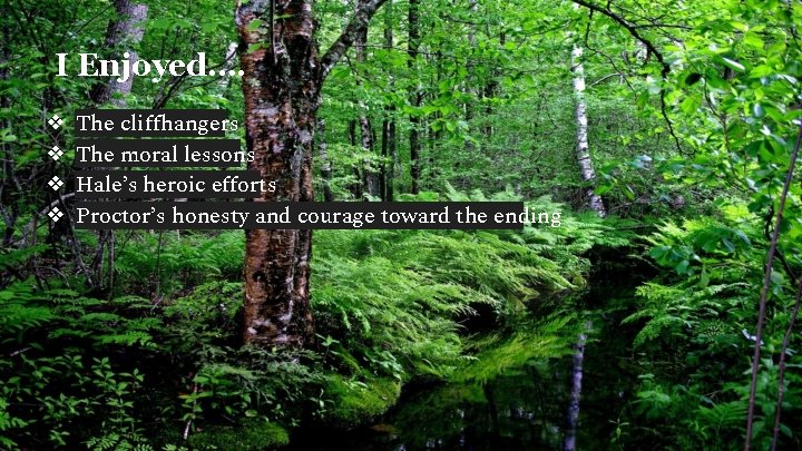 I Enjoyed…. ❖ ❖ The cliffhangers The moral lessons Hale’s heroic efforts Proctor’s honesty