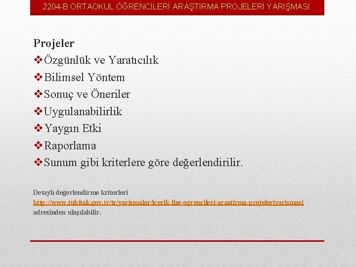 2204 -B ORTAOKUL ÖĞRENCİLERİ ARAŞTIRMA PROJELERİ YARIŞMASI Projeler vÖzgünlük ve Yaratıcılık v. Bilimsel Yöntem