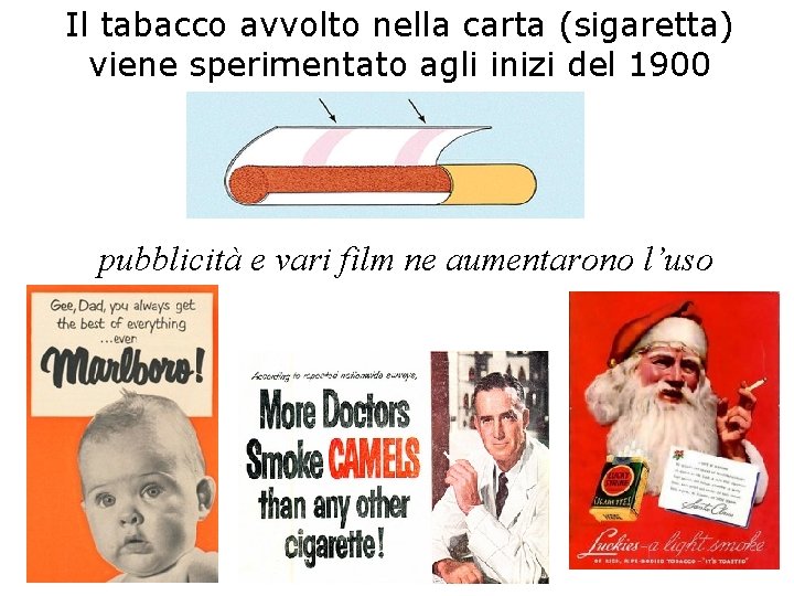 Il tabacco avvolto nella carta (sigaretta) viene sperimentato agli inizi del 1900 pubblicità e
