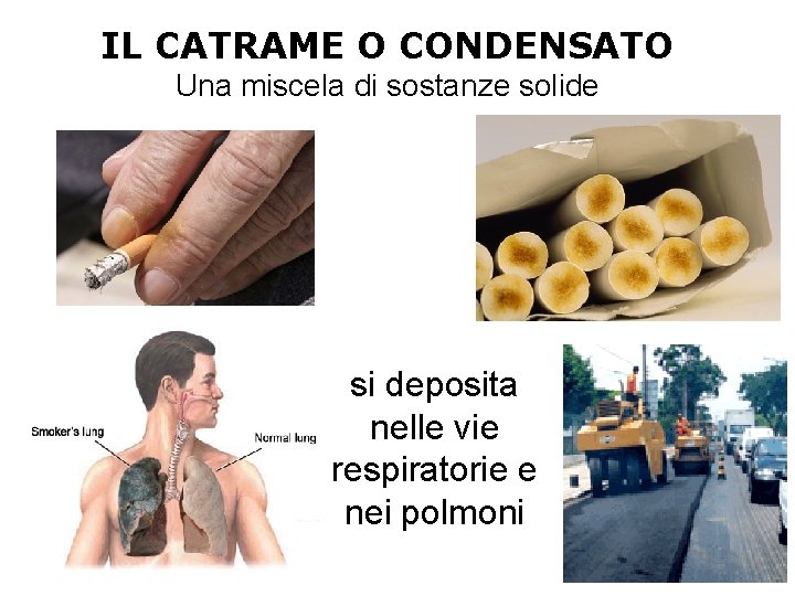 IL CATRAME O CONDENSATO Una miscela di sostanze solide si deposita nelle vie respiratorie