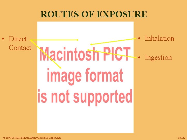 ROUTES OF EXPOSURE • Direct Contact • Inhalation • Ingestion © 1999 Lockheed Martin