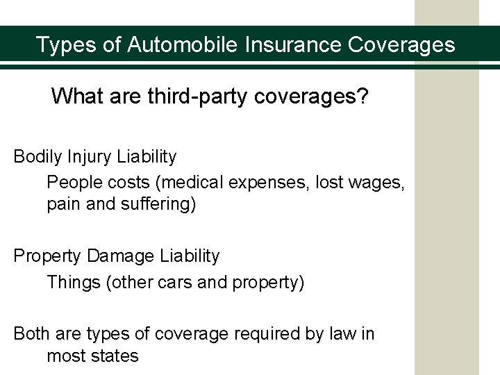 Types of Automobile Insurance Coverages What are third-party coverages? Bodily Injury Liability People costs