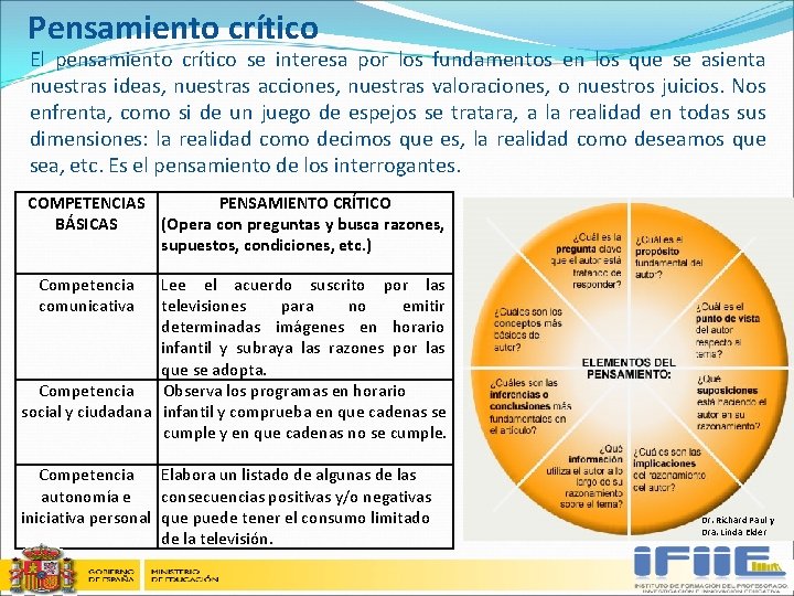 Pensamiento crítico El pensamiento crítico se interesa por los fundamentos en los que se