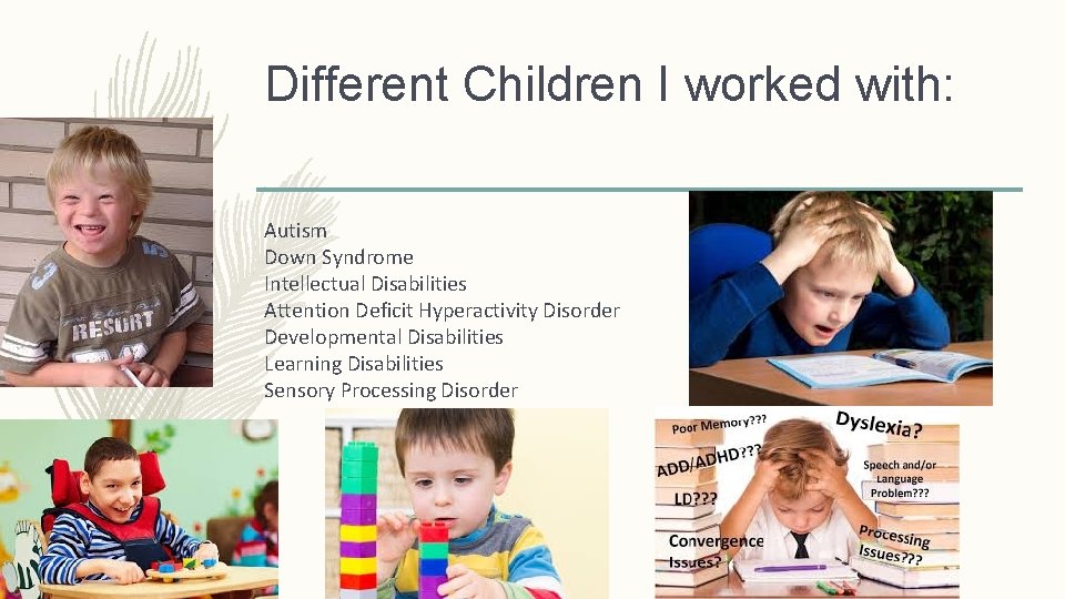Different Children I worked with: Autism Down Syndrome Intellectual Disabilities Attention Deficit Hyperactivity Disorder