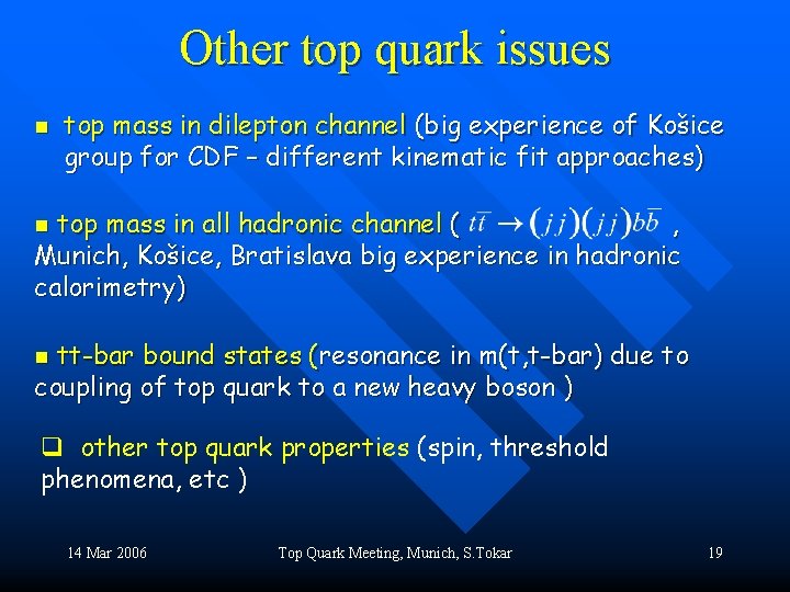 Other top quark issues n top mass in dilepton channel (big experience of Košice
