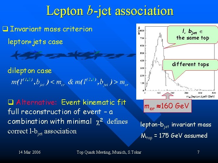 Lepton b-jet association q Invariant mass criterion l, bjet the same top lepton+jets case