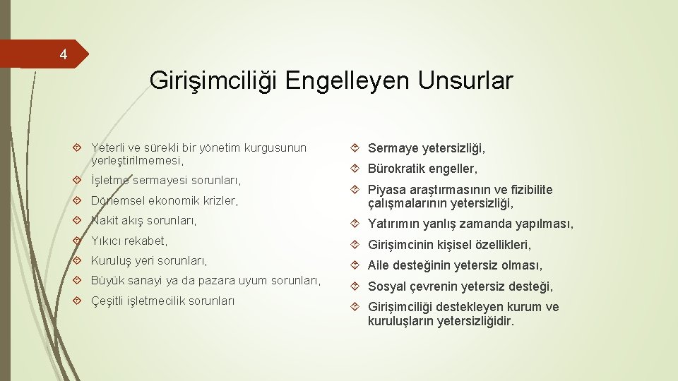 4 Girişimciliği Engelleyen Unsurlar Yeterli ve sürekli bir yönetim kurgusunun yerleştirilmemesi, İşletme sermayesi sorunları,