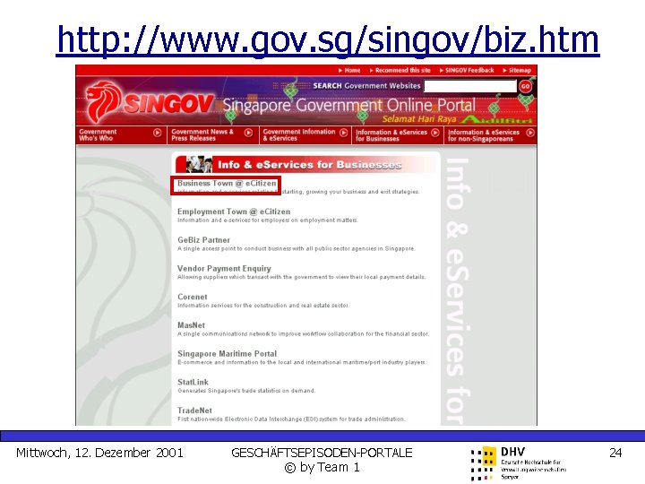 http: //www. gov. sg/singov/biz. htm Mittwoch, 12. Dezember 2001 GESCHÄFTSEPISODEN-PORTALE © by Team 1