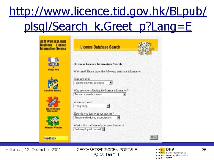 http: //www. licence. tid. gov. hk/BLpub/ plsql/Search_k. Greet_p? Lang=E Mittwoch, 12. Dezember 2001 GESCHÄFTSEPISODEN-PORTALE