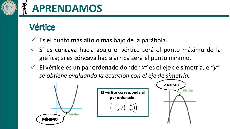 APRENDAMOS Vértice Es el punto más alto o más bajo de la parábola. Si