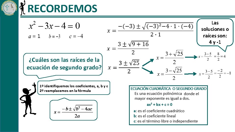 RECORDEMOS Las soluciones o raíces son: 4 y -1 ¿Cuáles son las raíces de