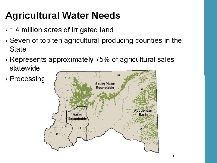 Agricultural Water Needs 1. 4 million acres of irrigated land § Seven of top