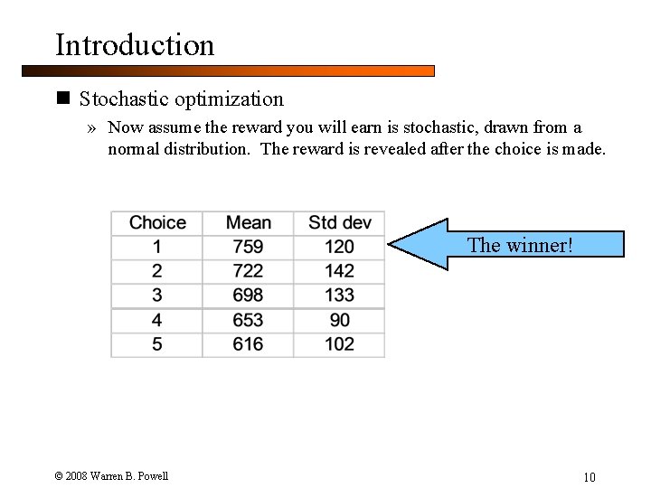 Introduction n Stochastic optimization » Now assume the reward you will earn is stochastic,