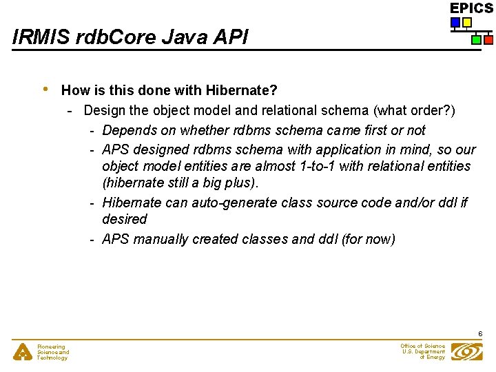 IRMIS rdb. Core Java API • How is this done with Hibernate? - Design