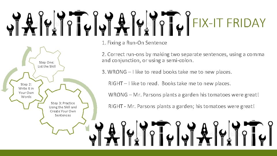 FIX-IT FRIDAY 1. Fixing a Run-On Sentence Step One: List the Skill 2. Correct