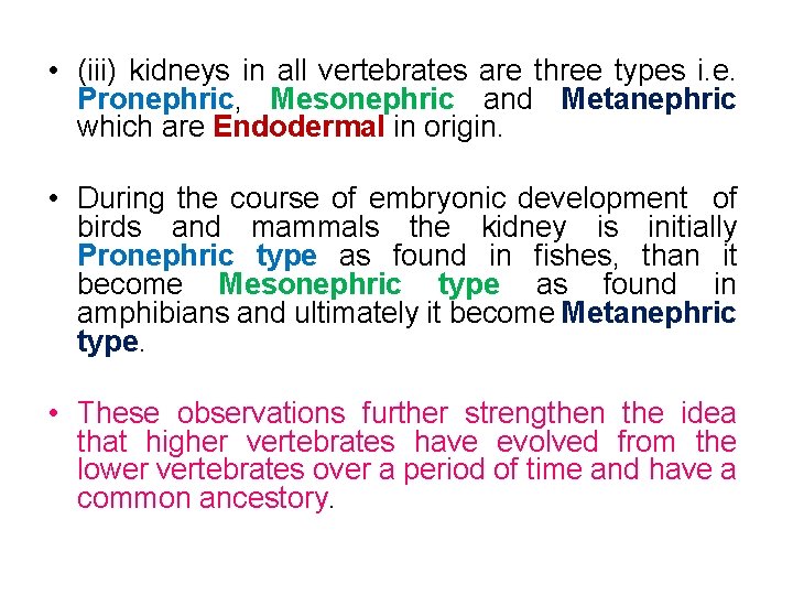  • (iii) kidneys in all vertebrates are three types i. e. Pronephric, Mesonephric