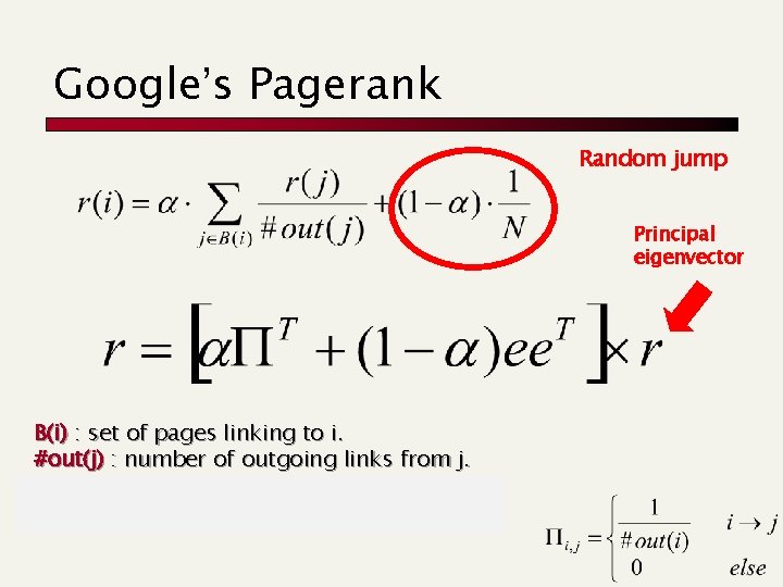 Google’s Pagerank Random jump Principal eigenvector B(i) : set of pages linking to i.
