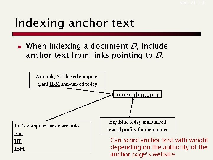 Sec. 21. 1. 1 Indexing anchor text n When indexing a document D, include