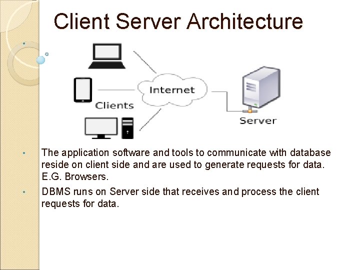 Client Server Architecture • • • The application software and tools to communicate with Client Server Architecture • • • The application software and tools to communicate with