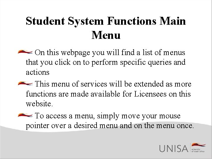 Student System Functions Main Menu On this webpage you will find a list of