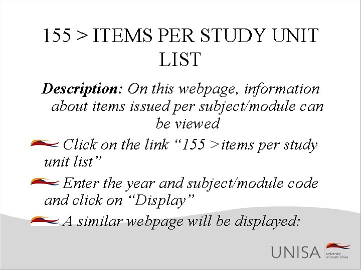 155 > ITEMS PER STUDY UNIT LIST Description: On this webpage, information about items
